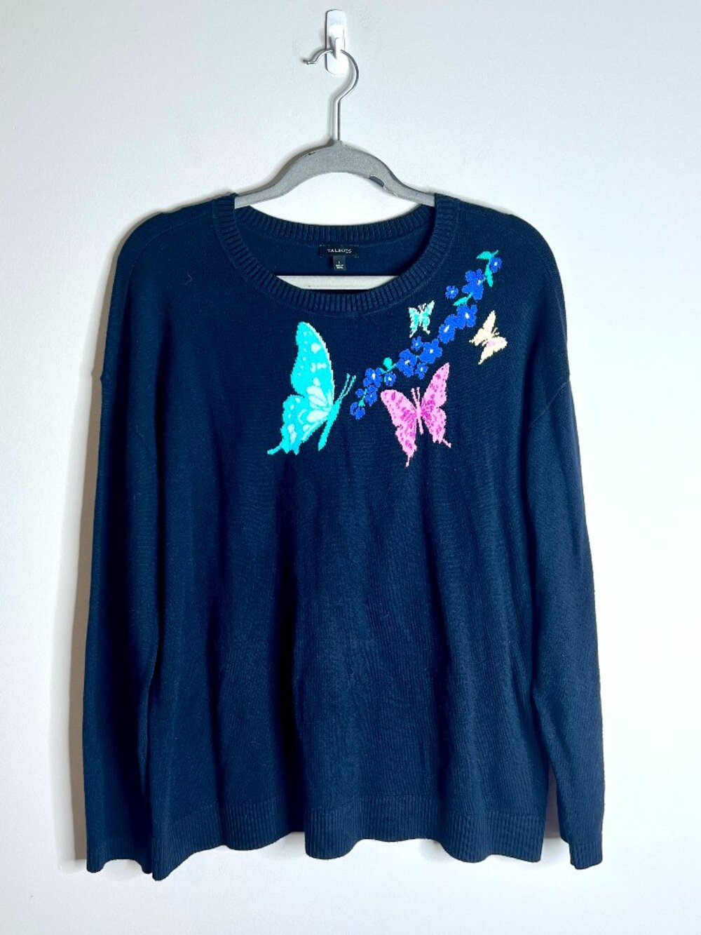 Talbots Navy Blue Butterfly Print Crew Neck Long Sleeve Sweater Cottagecore Sz L